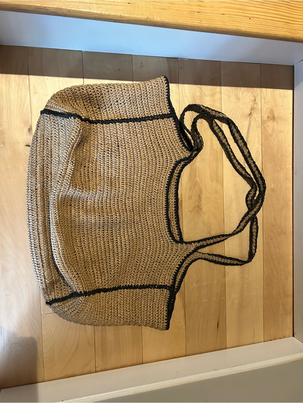 A New Day XL Woven Straw Tote Bag Black Trim Neutral Beach Travel